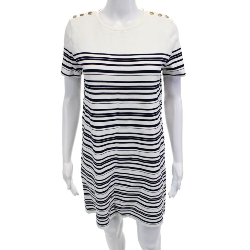 Zara Women Shift T-Shirt Dress White Striped Cotton Short Sleeve Knee Size M